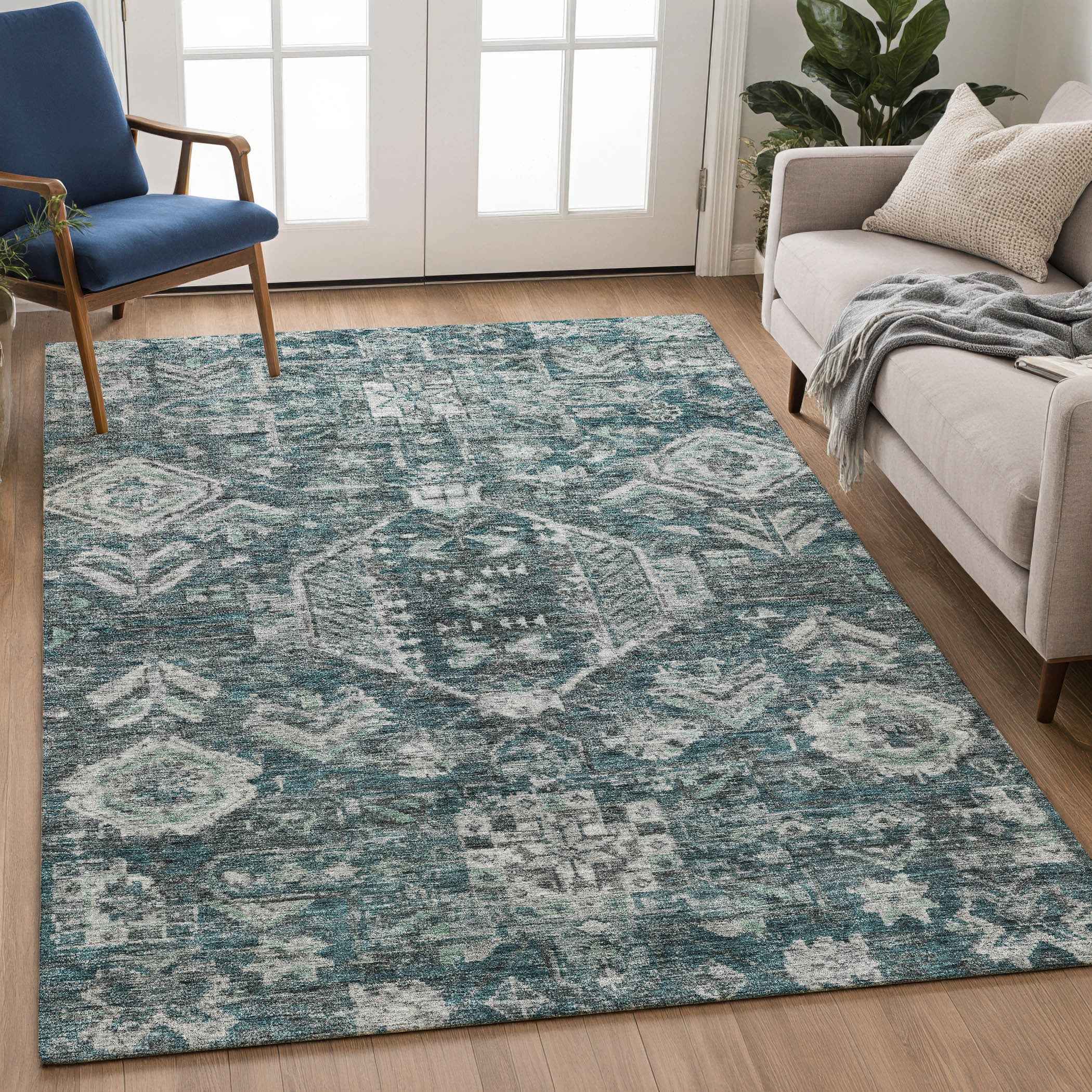 5' X 8' Teal Blue And Silver Medallion Washable Indoor Outdoor Area Rug