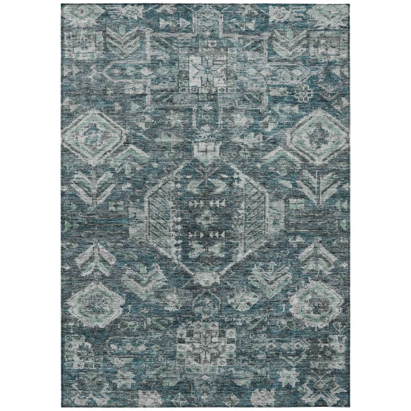 5' X 8' Teal Blue And Silver Medallion Washable Indoor Outdoor Area Rug