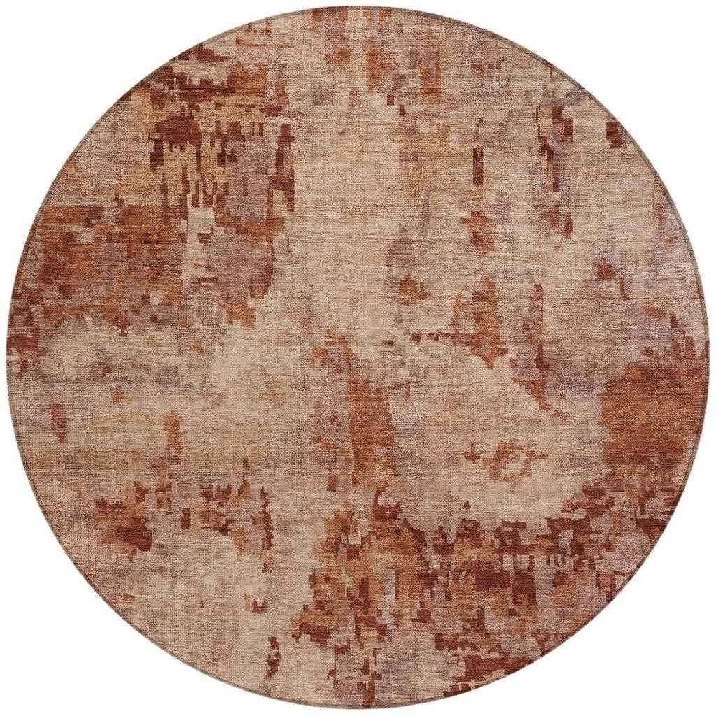 8' Copper And Coral Round Abstract Washable Indoor Outdoor Area Rug
