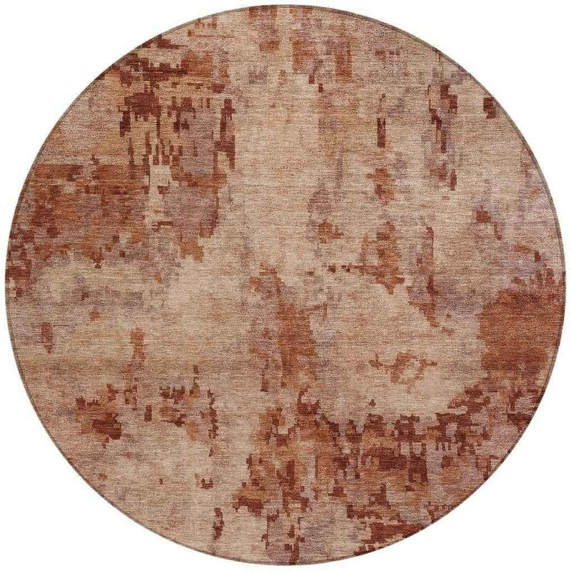 8' Copper And Coral Round Abstract Washable Indoor Outdoor Area Rug