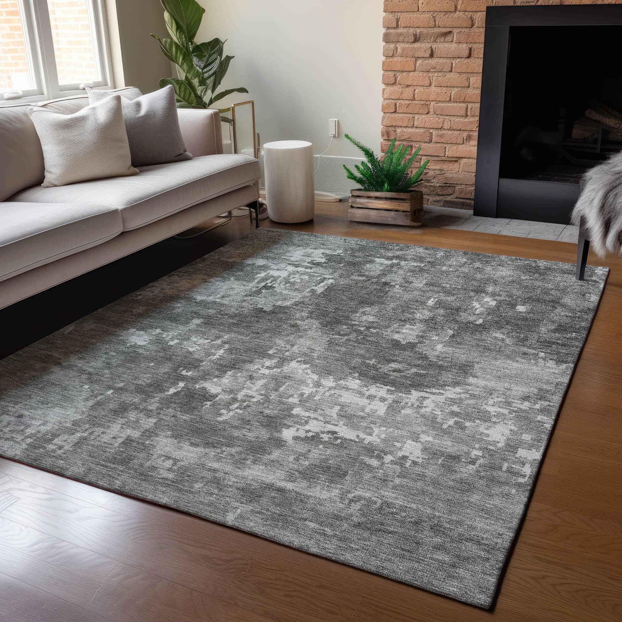 5' X 8' Pewter And Ivory Abstract Washable Indoor Outdoor Area Rug