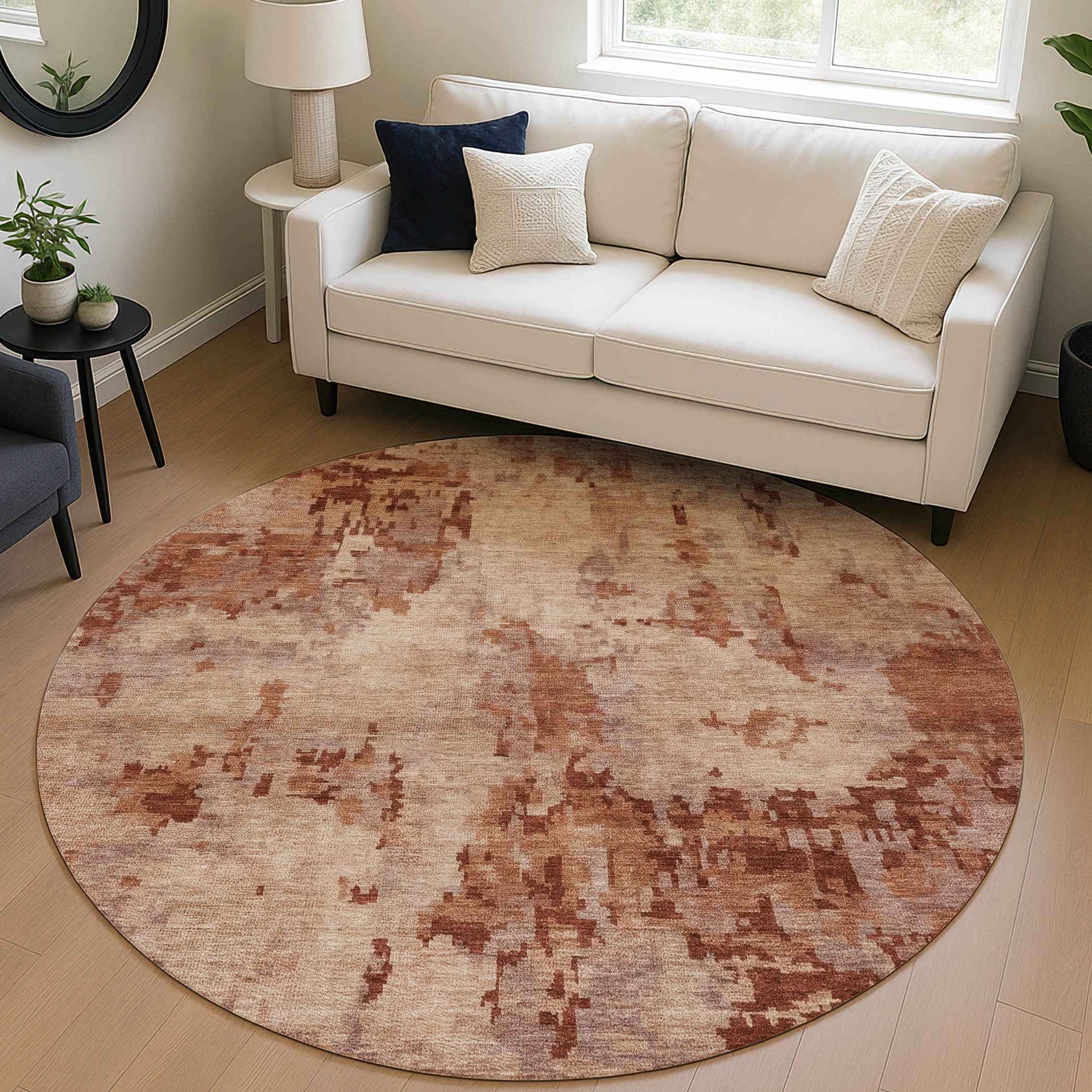 8' Copper And Coral Round Abstract Washable Indoor Outdoor Area Rug
