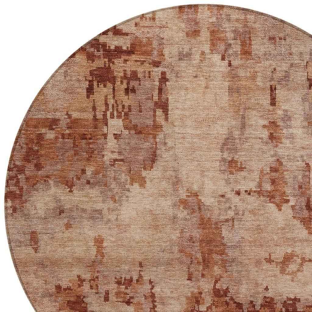 8' Copper And Coral Round Abstract Washable Indoor Outdoor Area Rug