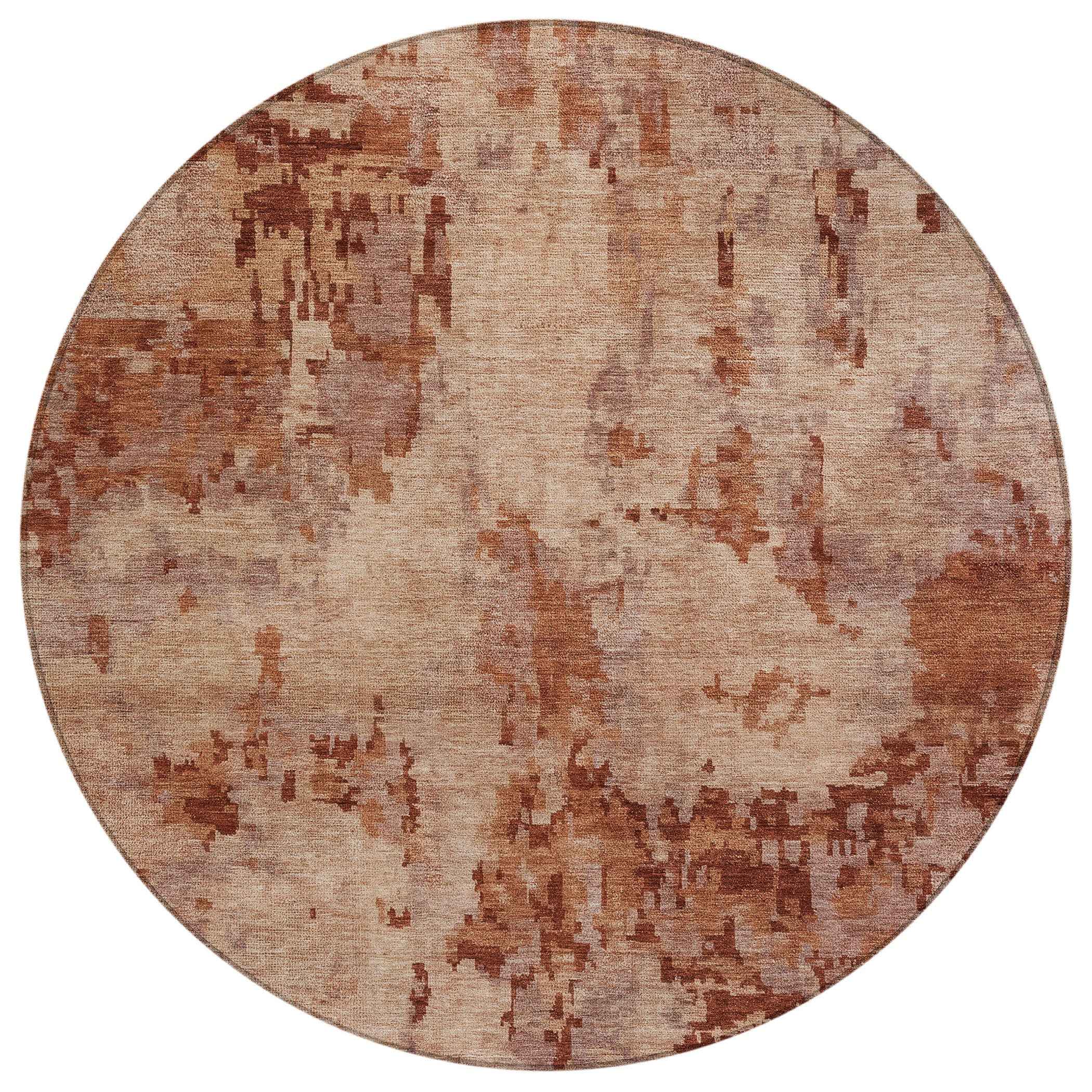 8' Copper And Coral Round Abstract Washable Indoor Outdoor Area Rug