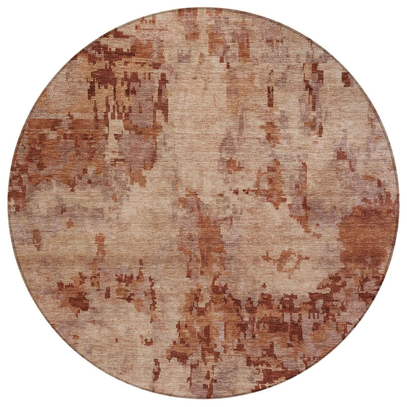 8' Copper And Coral Round Abstract Washable Indoor Outdoor Area Rug