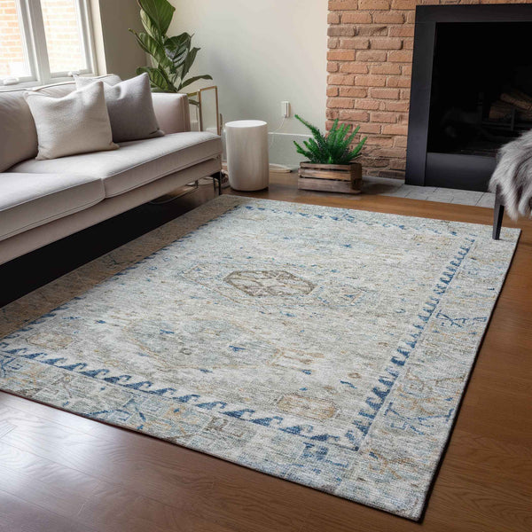 3' X 5' Linen And Blue Medallion Washable Indoor Outdoor Area Rug