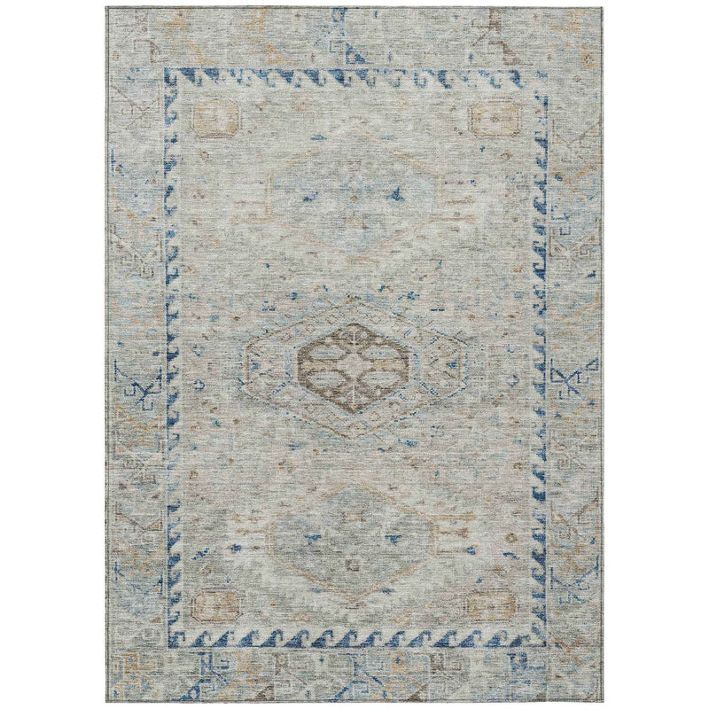 3' X 5' Linen And Blue Medallion Washable Indoor Outdoor Area Rug