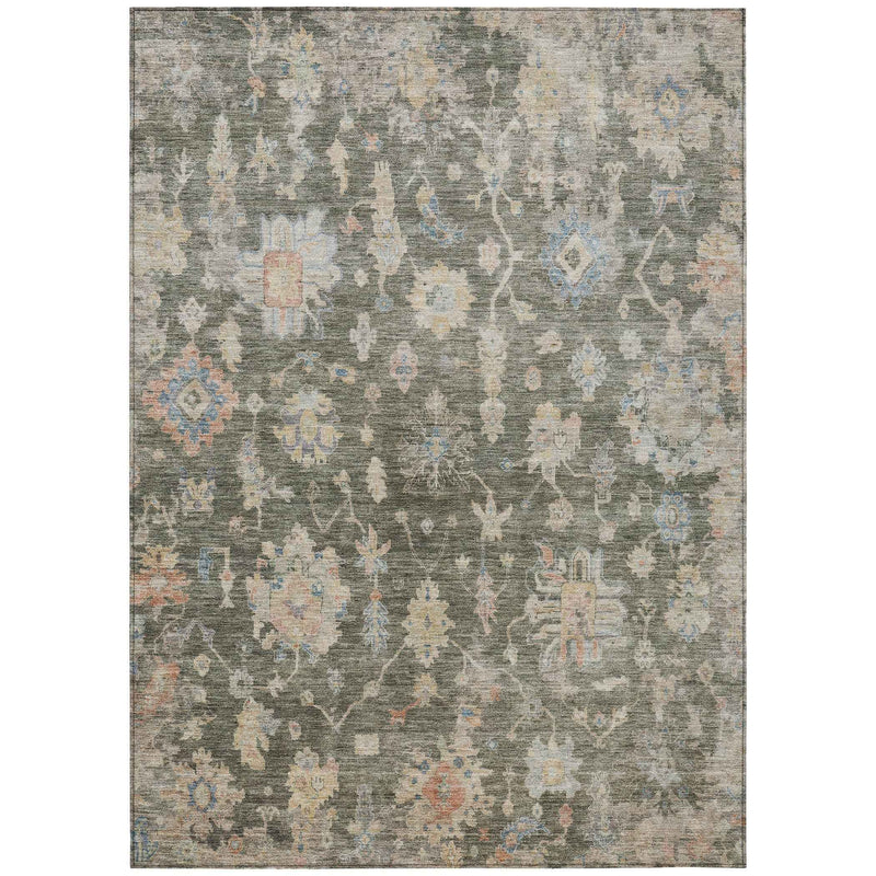 8' X 10' Fern Green Beige And Blue Floral Washable Indoor Outdoor Area Rug