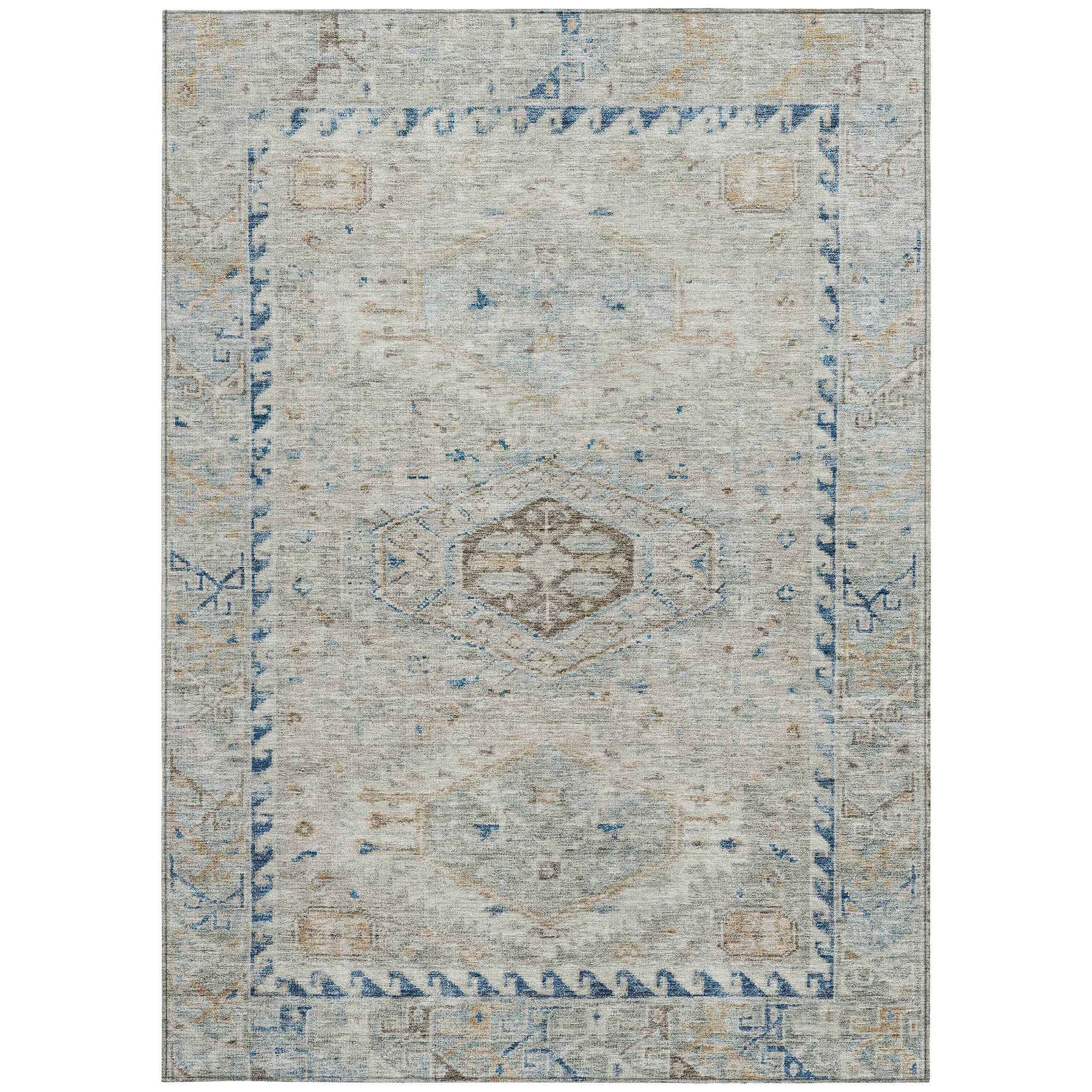 3' X 5' Linen And Blue Medallion Washable Indoor Outdoor Area Rug