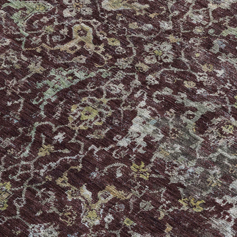 5' X 8' Burgundy And Gray Damask Washable Indoor Outdoor Area Rug