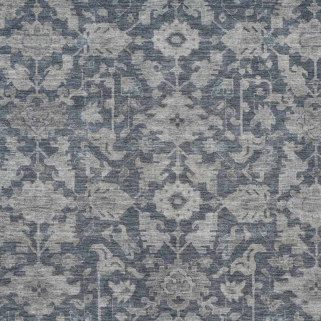 9' X 12' Denim Blue And Silver Floral Washable Indoor Outdoor Area Rug
