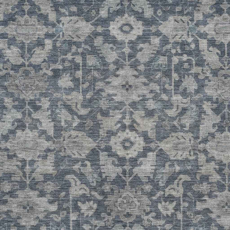9' X 12' Denim Blue And Silver Floral Washable Indoor Outdoor Area Rug