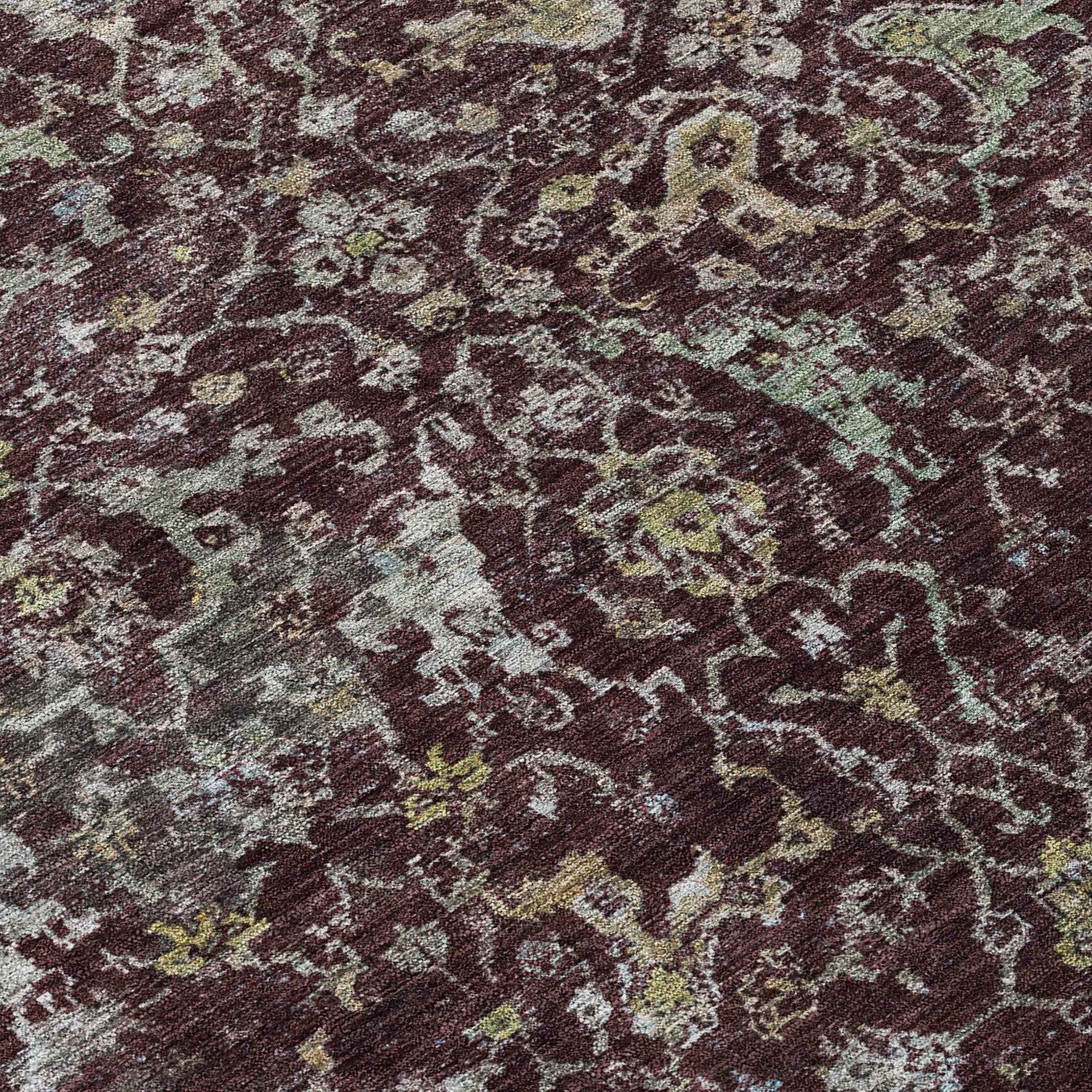 5' X 8' Burgundy And Gray Damask Washable Indoor Outdoor Area Rug