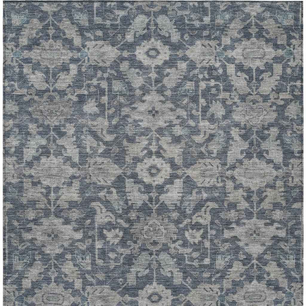 9' X 12' Denim Blue And Silver Floral Washable Indoor Outdoor Area Rug