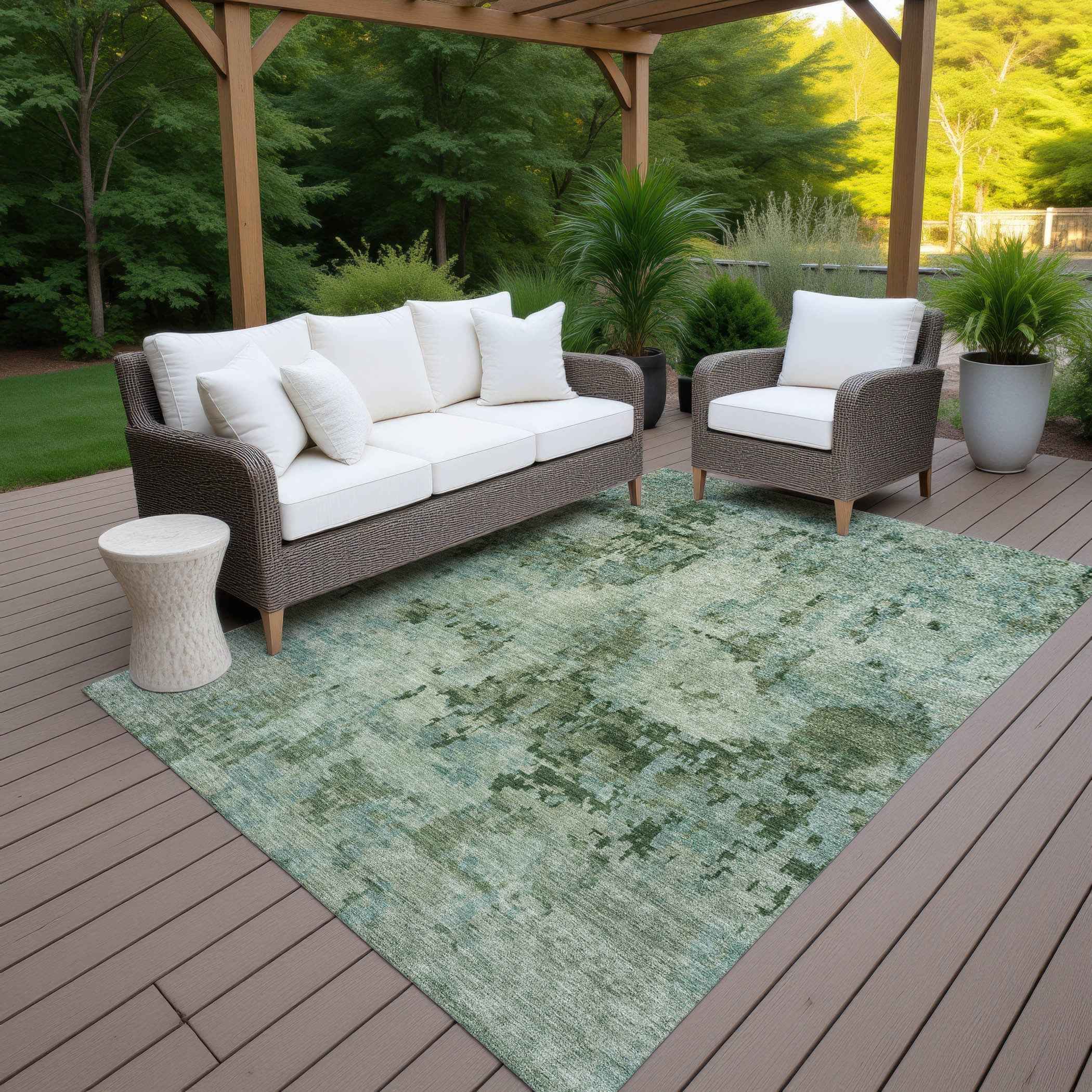 9' X 12' Sage And Teal Blue Abstract Washable Indoor Outdoor Area Rug