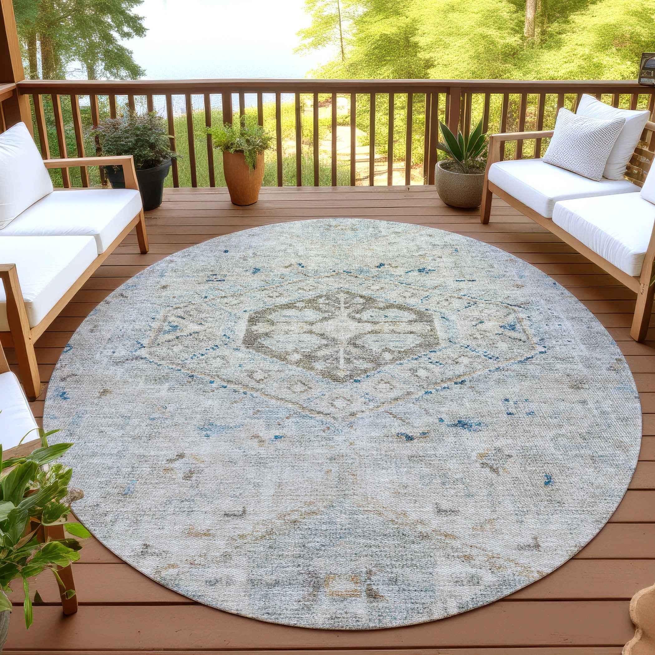 8' Linen And Blue Round Medallion Washable Indoor Outdoor Area Rug