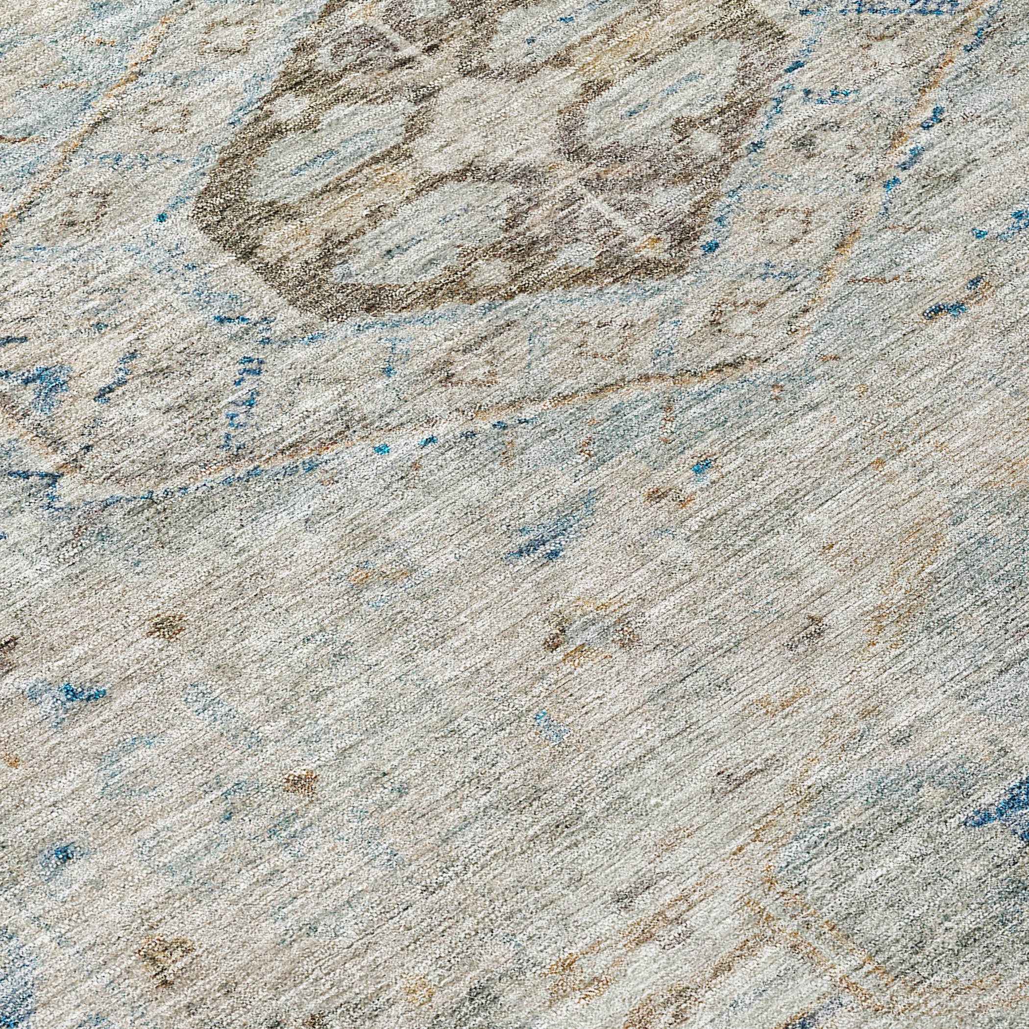 8' Linen And Blue Round Medallion Washable Indoor Outdoor Area Rug