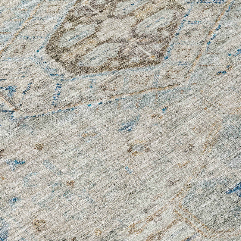 8' Linen And Blue Round Medallion Washable Indoor Outdoor Area Rug