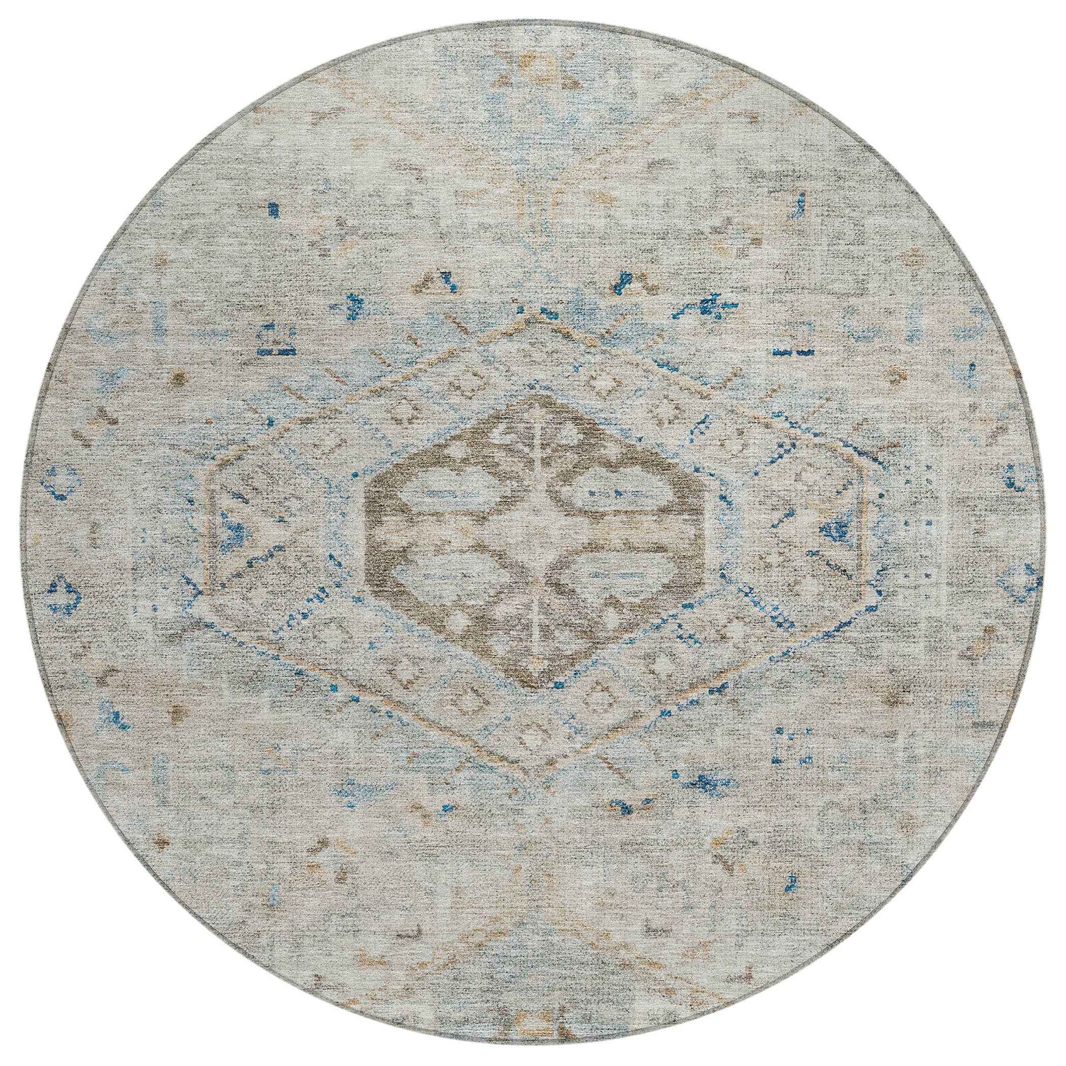 8' Linen And Blue Round Medallion Washable Indoor Outdoor Area Rug
