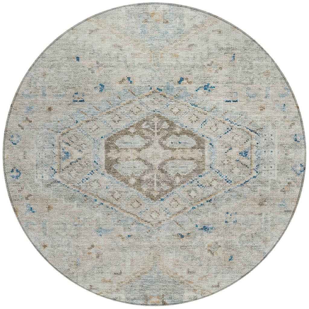 8' Linen And Blue Round Medallion Washable Indoor Outdoor Area Rug