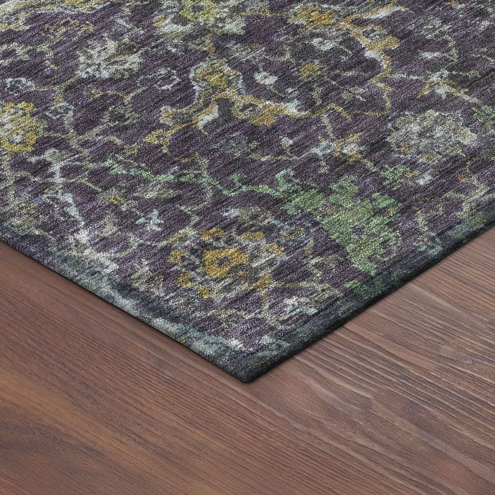 3' X 5' Plum And Gray Damask Washable Indoor Outdoor Area Rug