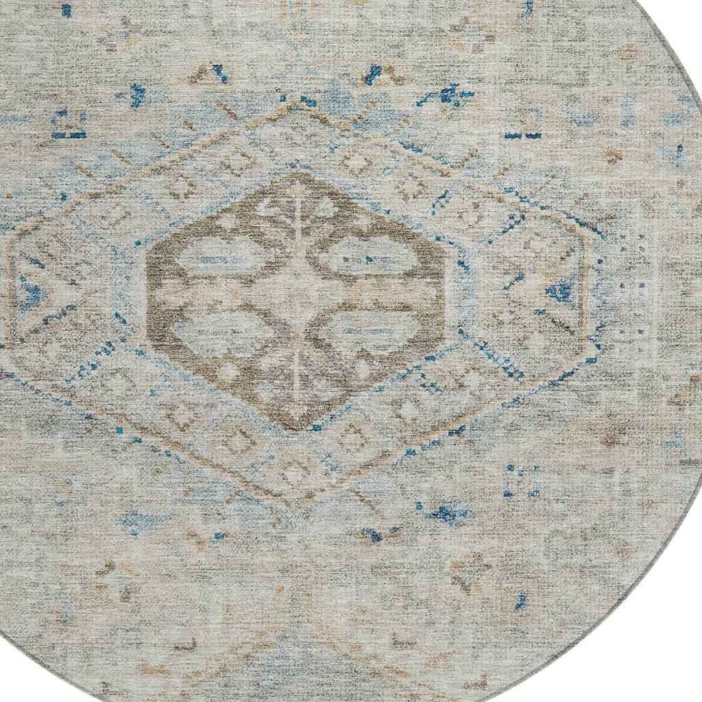 8' Linen And Blue Round Medallion Washable Indoor Outdoor Area Rug