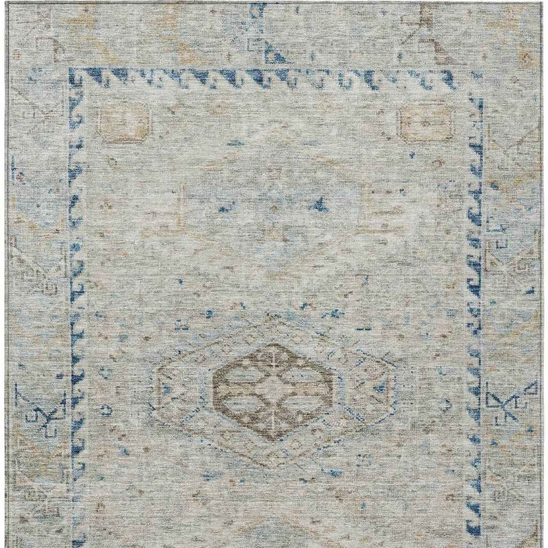 8' X 10' Linen And Blue Medallion Washable Indoor Outdoor Area Rug