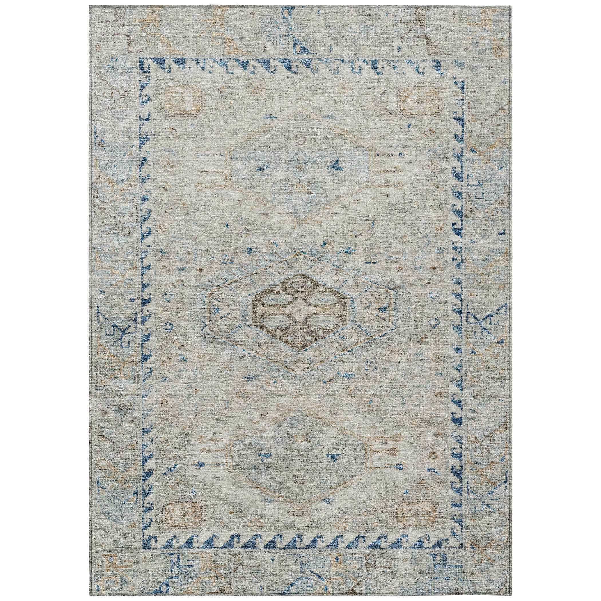 8' X 10' Linen And Blue Medallion Washable Indoor Outdoor Area Rug