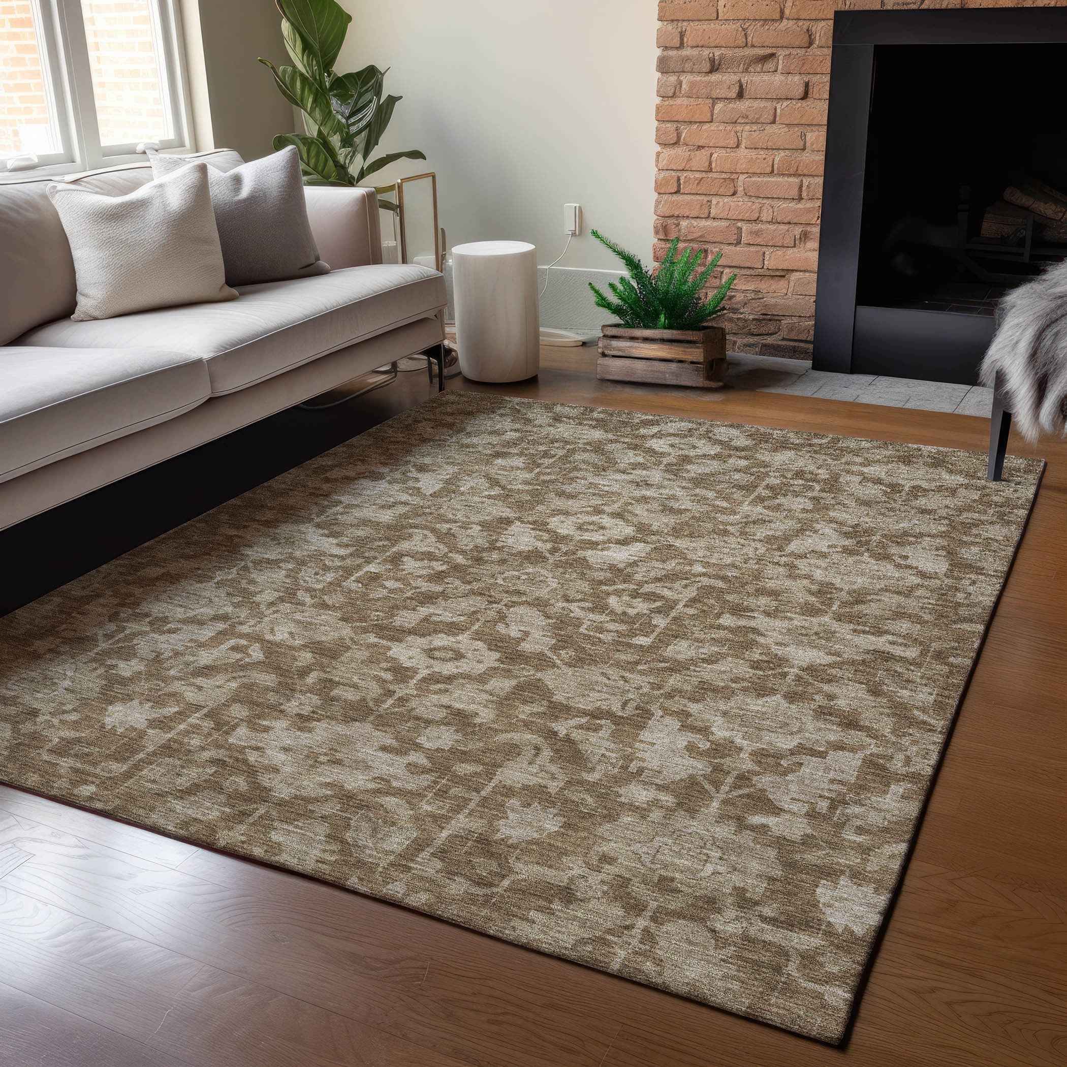 3' X 5' Brown And Beige Floral Washable Indoor Outdoor Area Rug