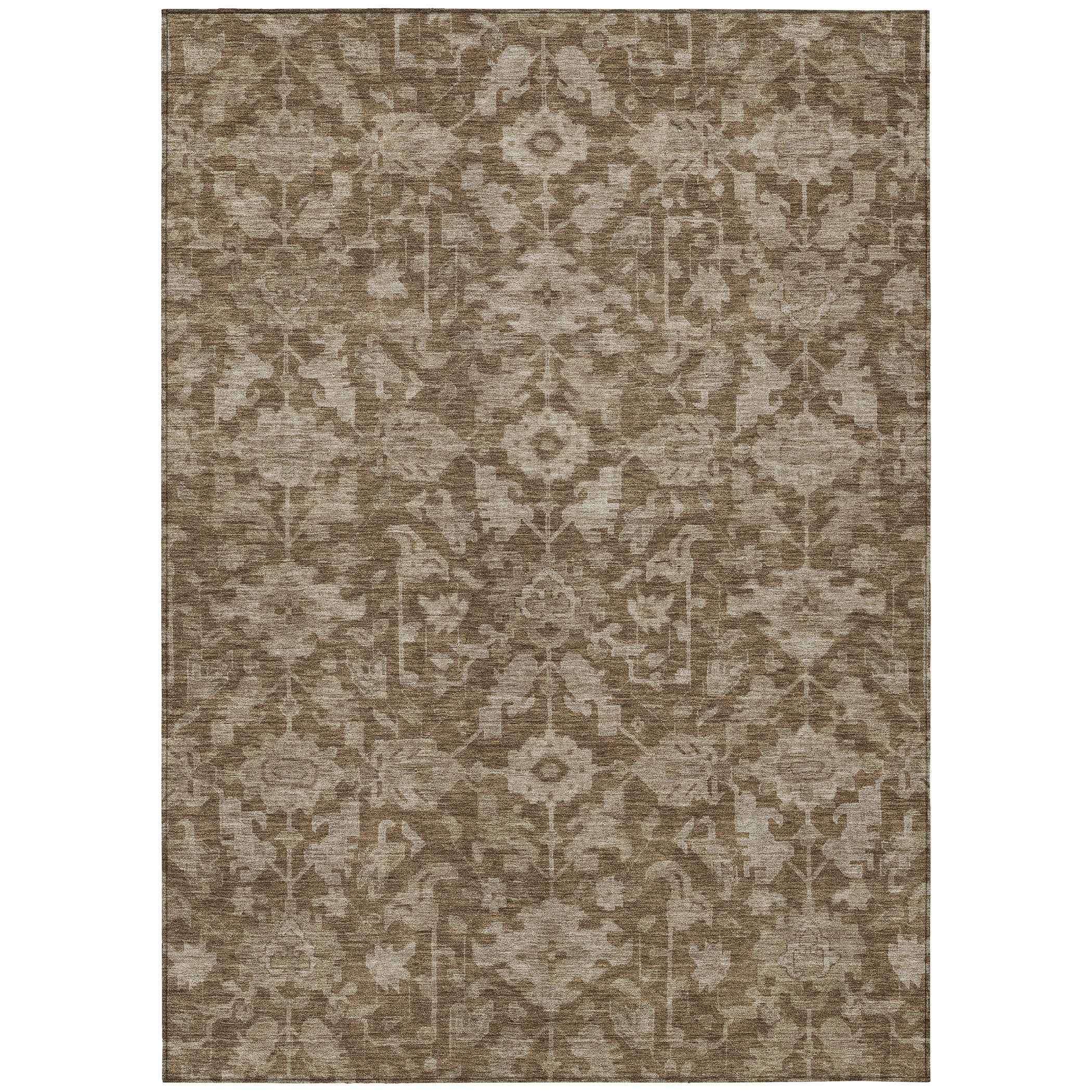 3' X 5' Brown And Beige Floral Washable Indoor Outdoor Area Rug