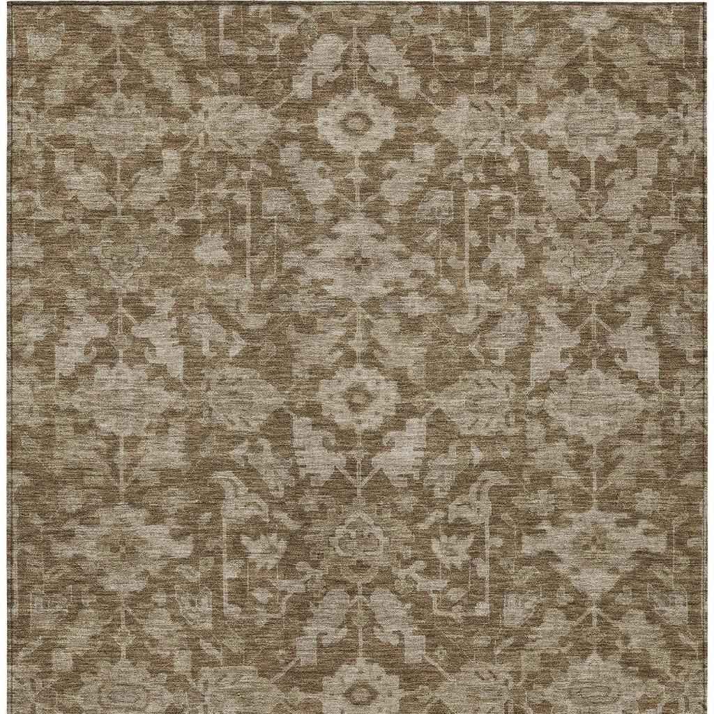 3' X 5' Brown And Beige Floral Washable Indoor Outdoor Area Rug