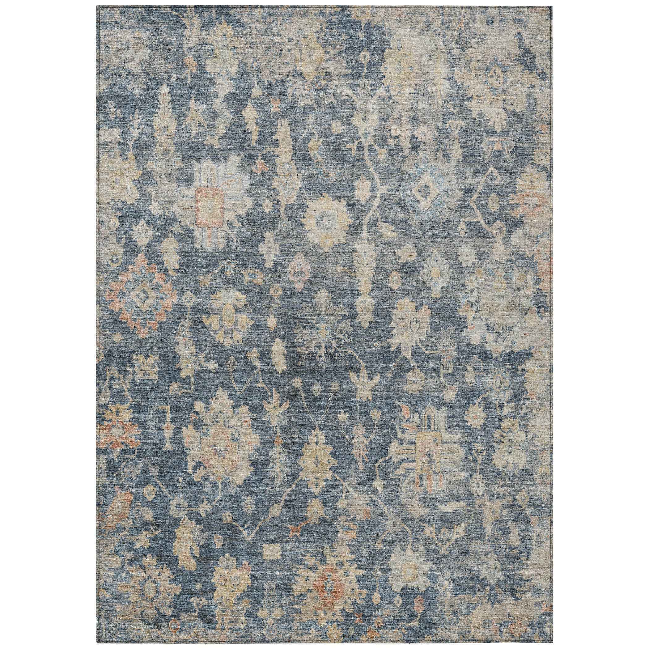 8' X 10' Navy Blue Beige And Rust Floral Washable Indoor Outdoor Area Rug