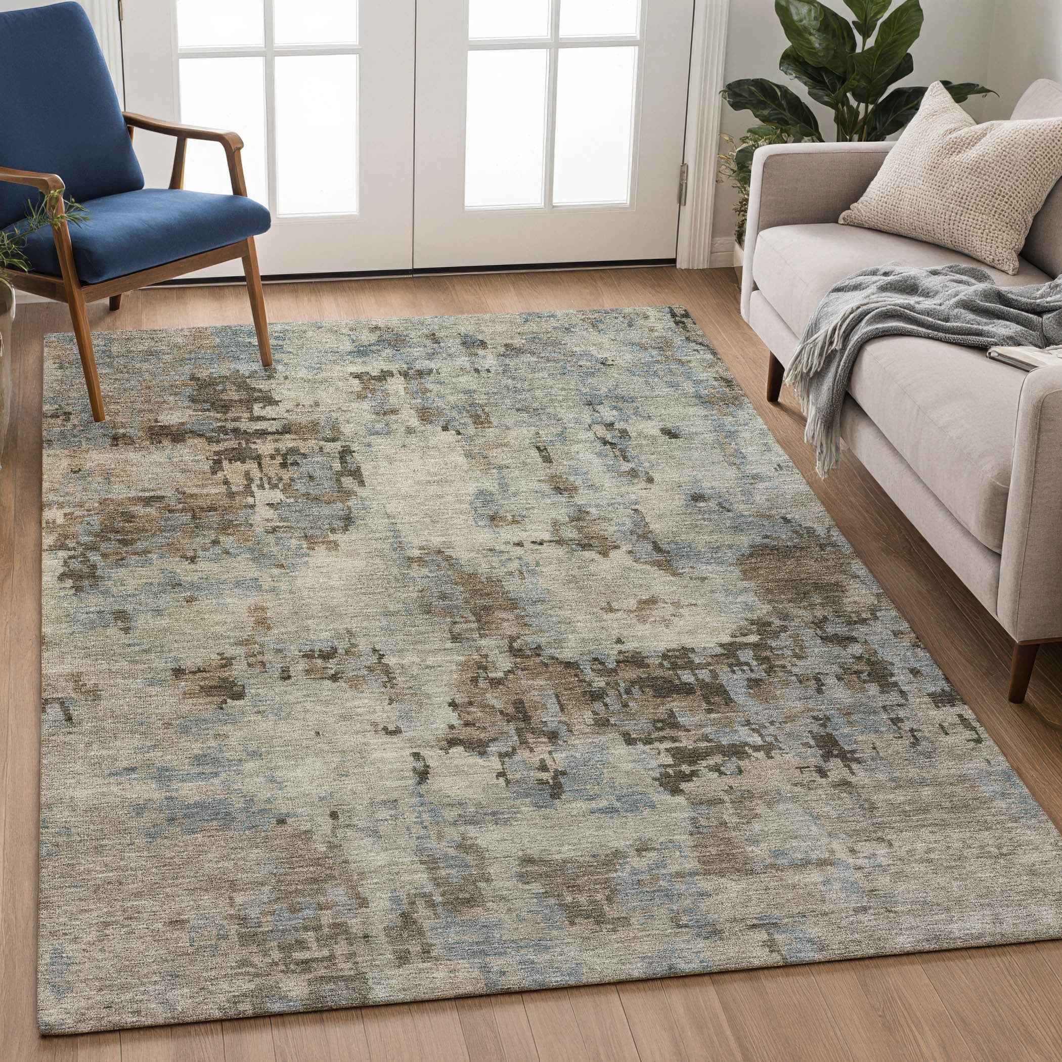 8' X 10' Beige Gray And Chocolate Abstract Washable Indoor Outdoor Area Rug