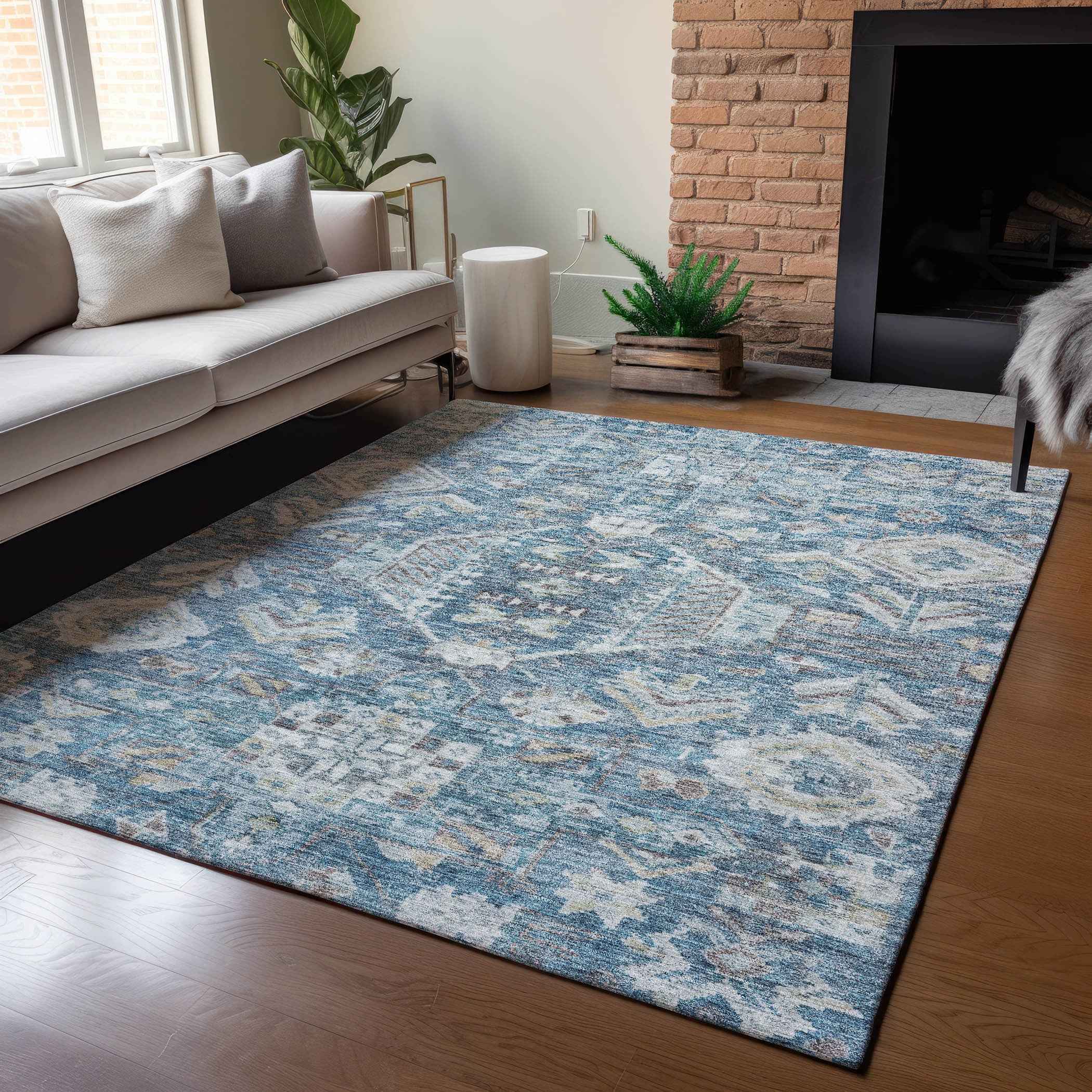 8' X 10' Denim Blue And Ivory Medallion Washable Indoor Outdoor Area Rug