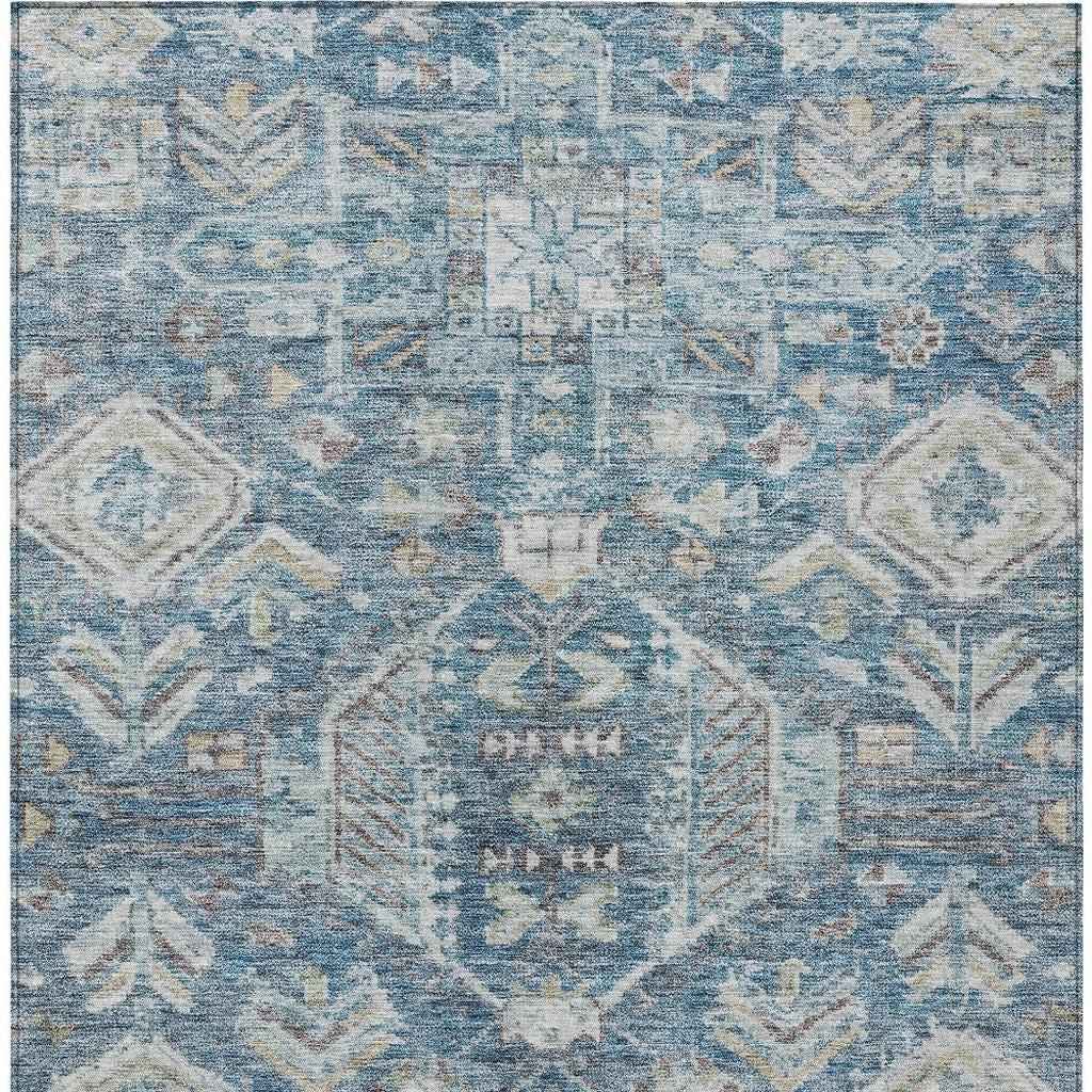 8' X 10' Denim Blue And Ivory Medallion Washable Indoor Outdoor Area Rug