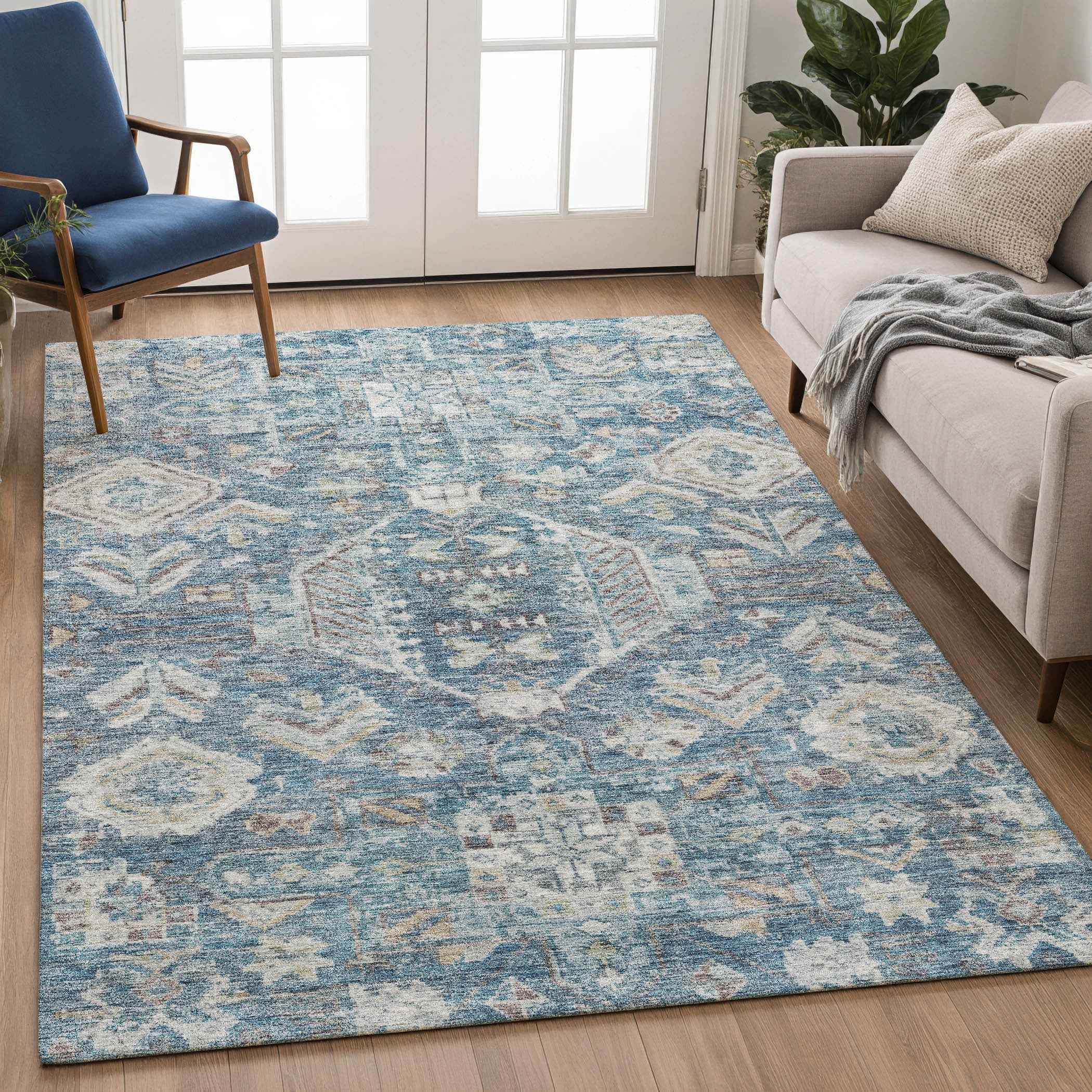 8' X 10' Denim Blue And Ivory Medallion Washable Indoor Outdoor Area Rug