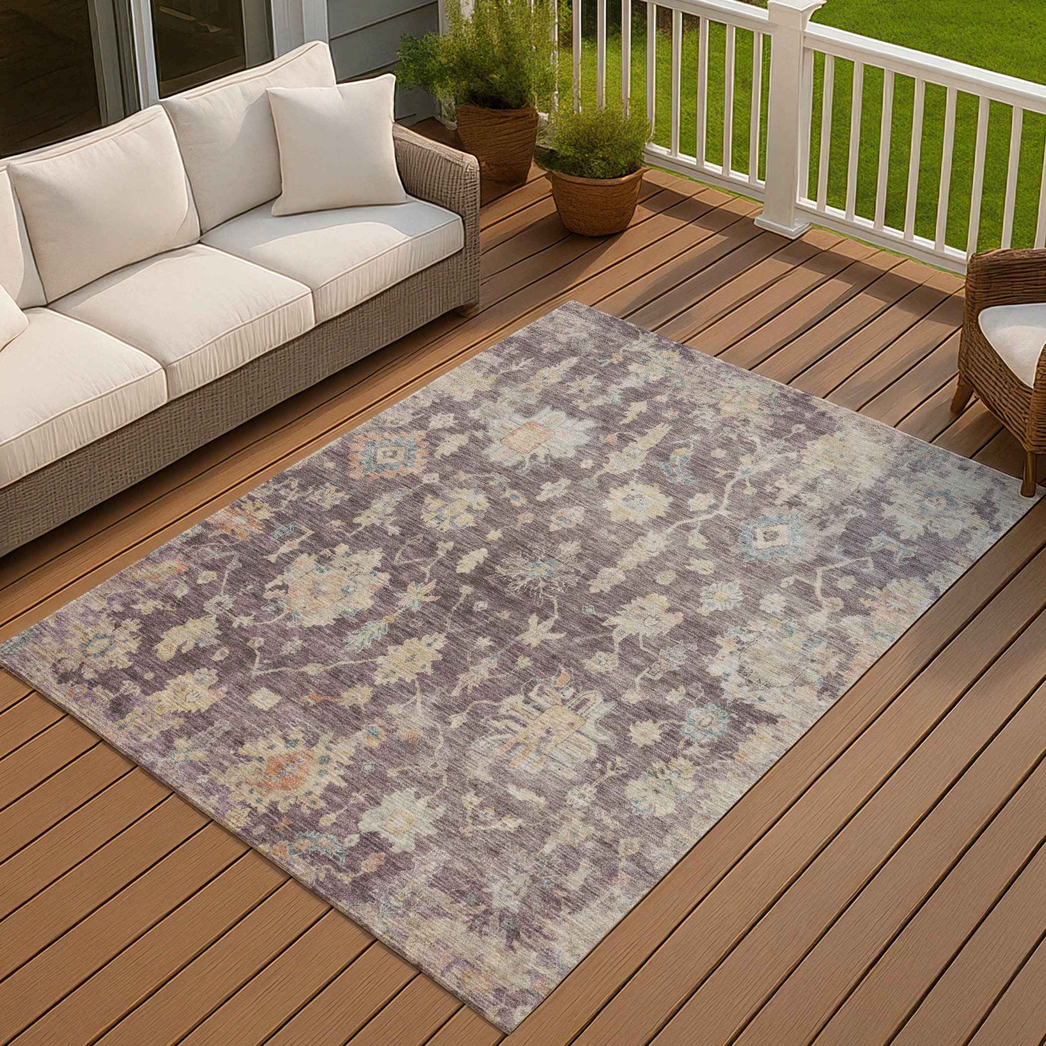 3' X 5' Eggplant Beige And Blue Floral Washable Indoor Outdoor Area Rug