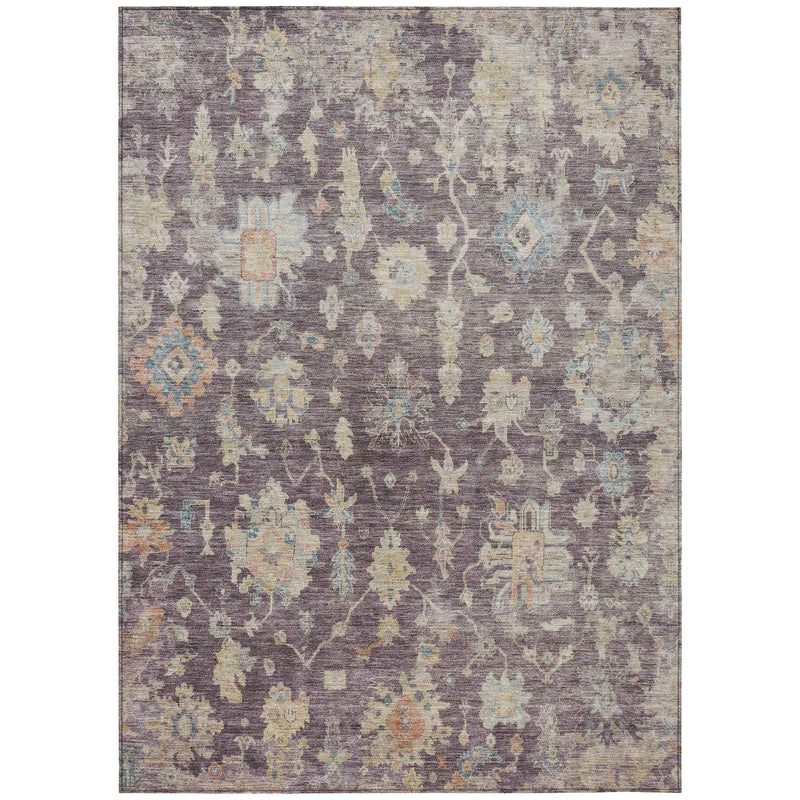 8' X 10' Eggplant Beige And Blue Floral Washable Indoor Outdoor Area Rug