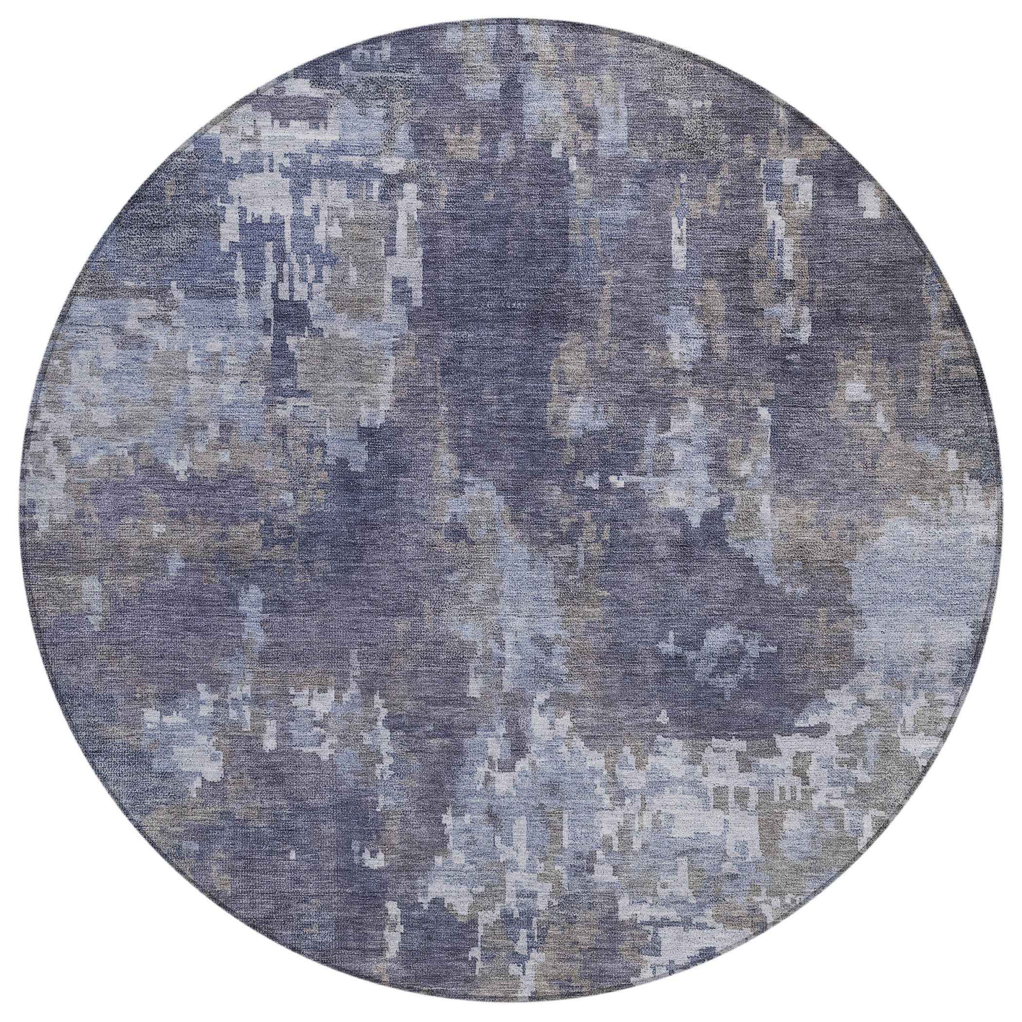 8' Plum And Ivory Round Abstract Washable Indoor Outdoor Area Rug