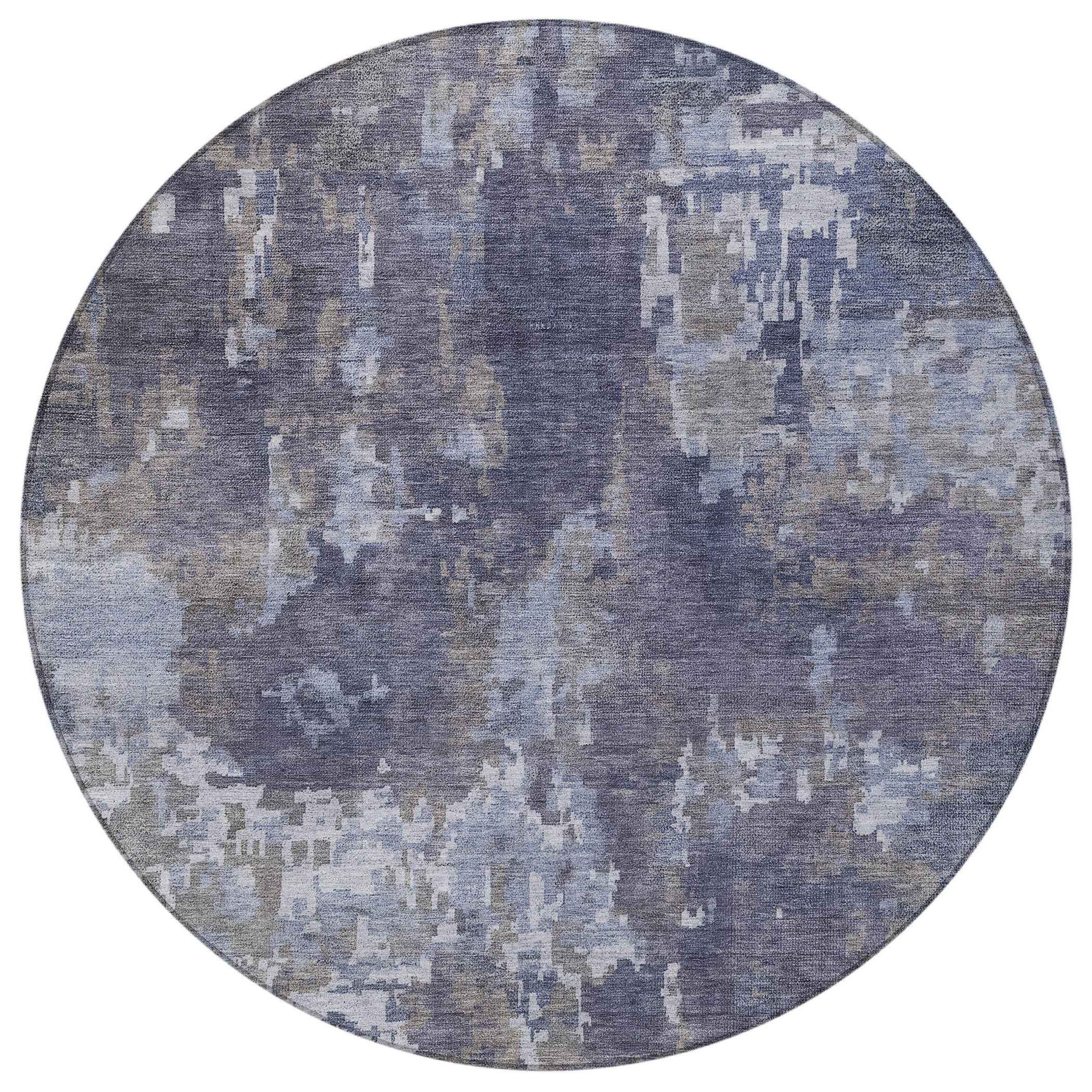 8' Plum And Ivory Round Abstract Washable Indoor Outdoor Area Rug