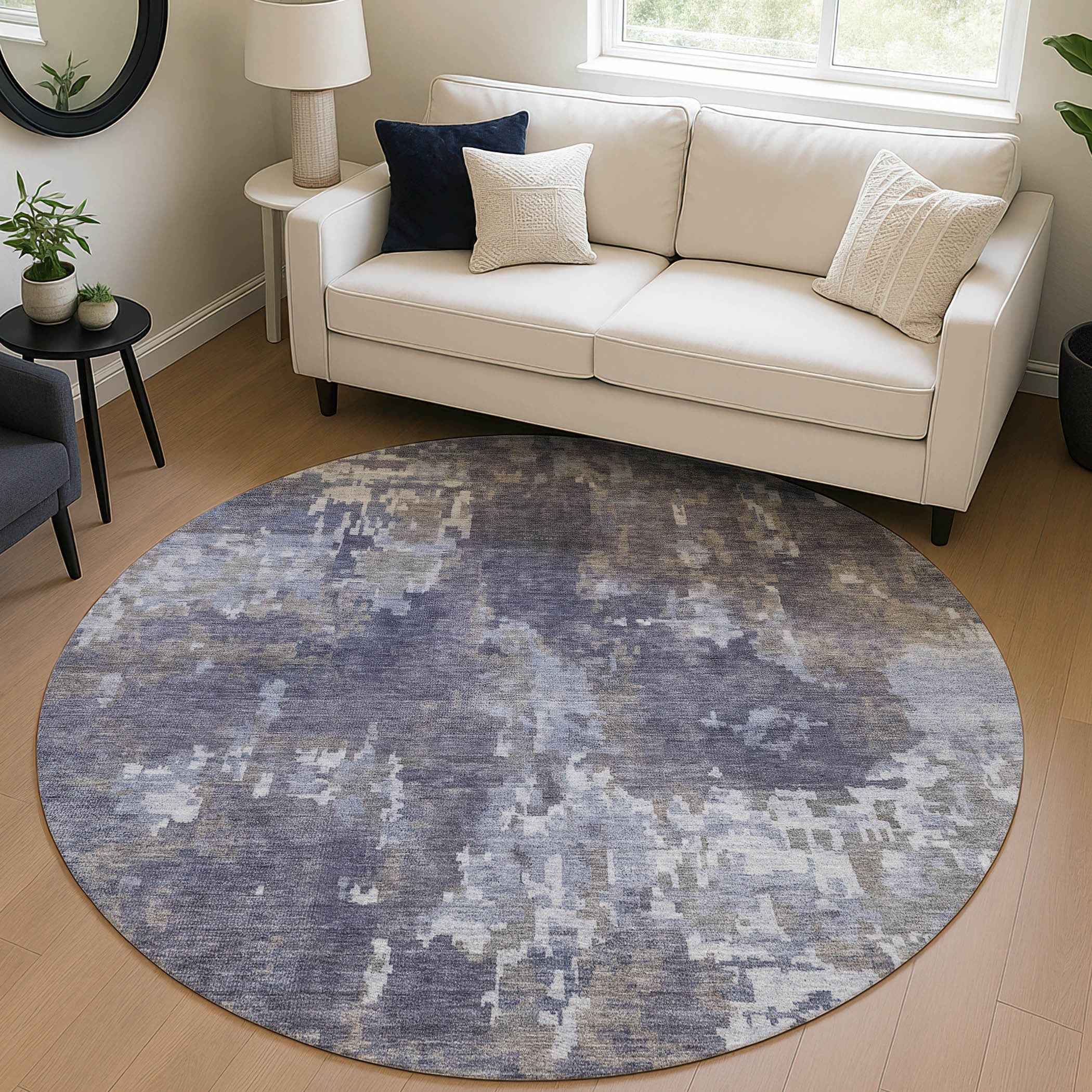 8' Plum And Ivory Round Abstract Washable Indoor Outdoor Area Rug