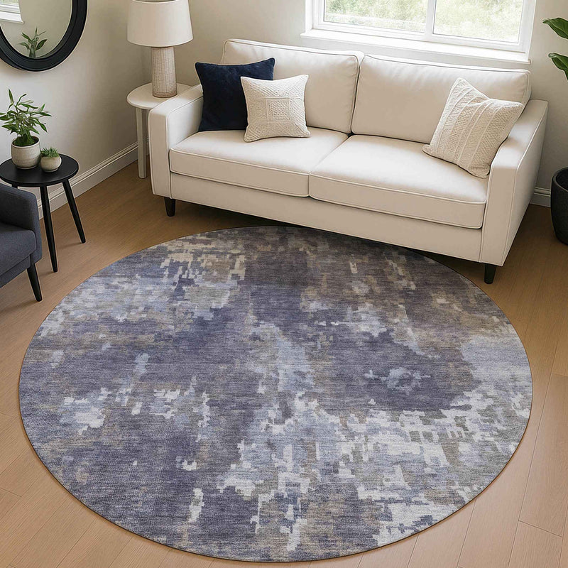 8' Plum And Ivory Round Abstract Washable Indoor Outdoor Area Rug