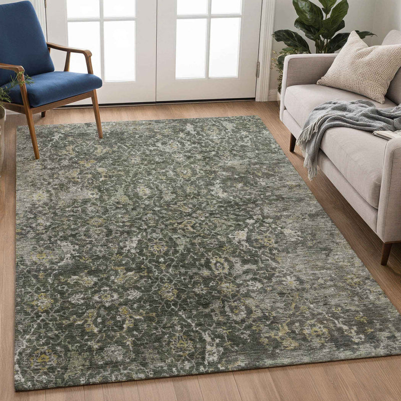 8' X 10' Pewter And Gray Damask Washable Indoor Outdoor Area Rug