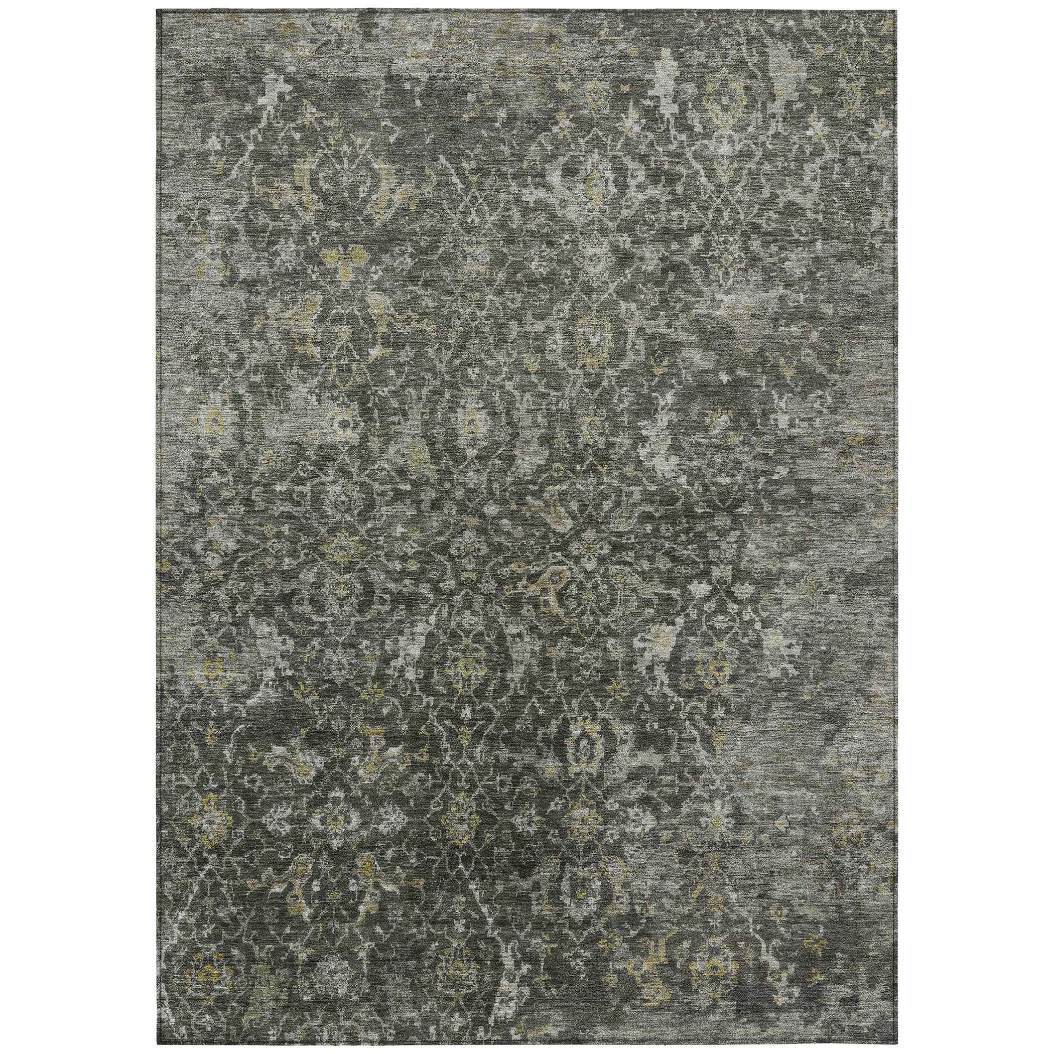 8' X 10' Pewter And Gray Damask Washable Indoor Outdoor Area Rug
