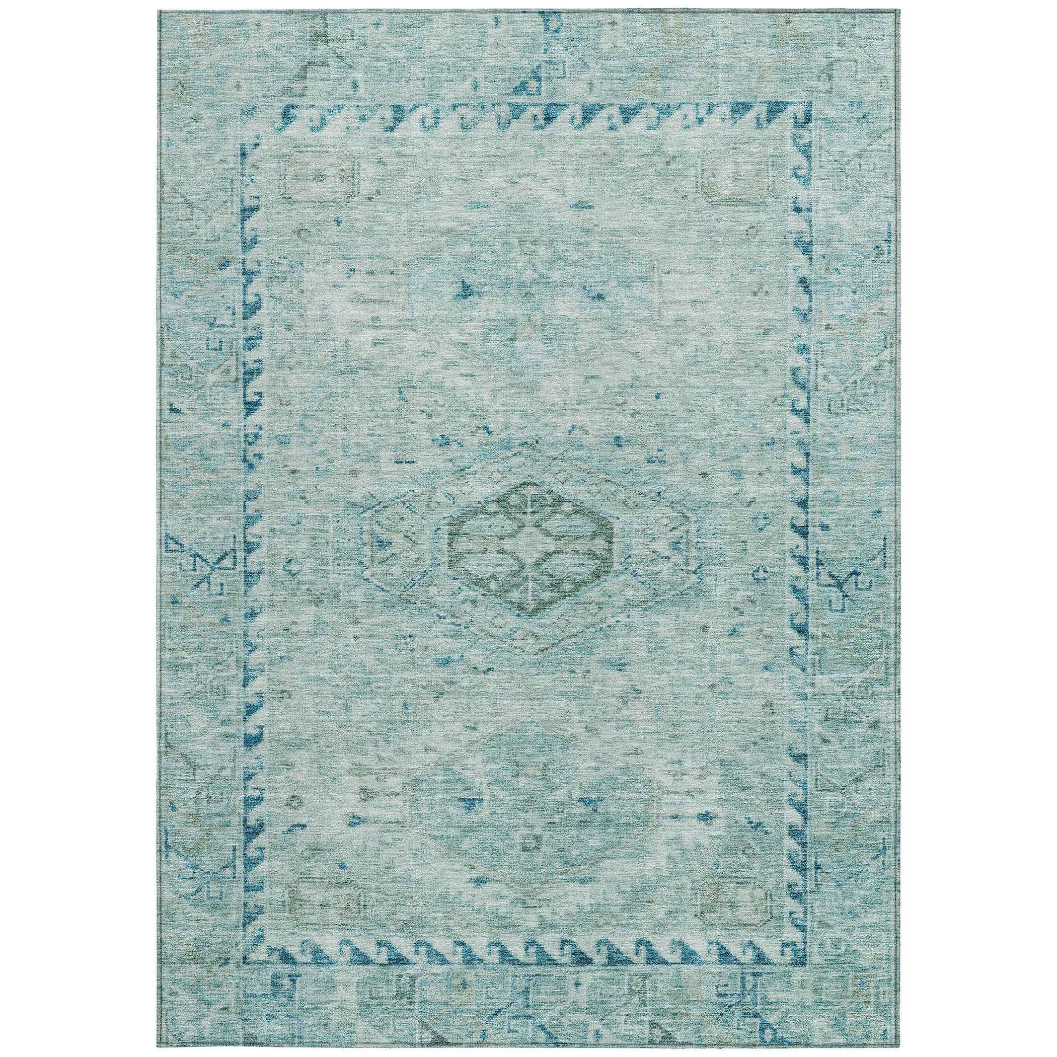 8' X 10' Aqua And Teal Blue Medallion Washable Indoor Outdoor Area Rug