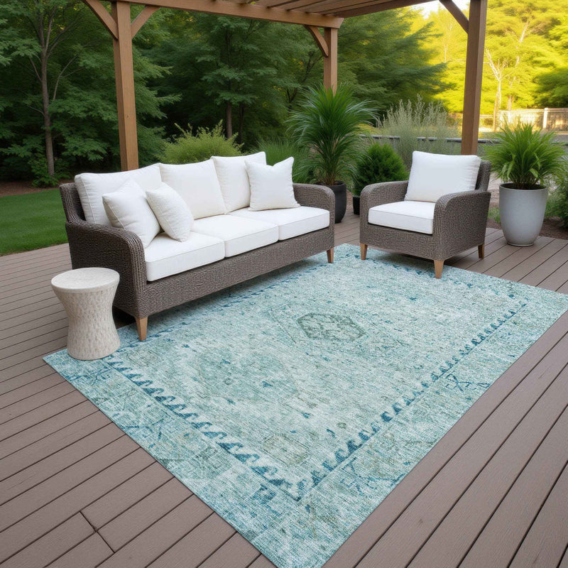 8' X 10' Aqua And Teal Blue Medallion Washable Indoor Outdoor Area Rug