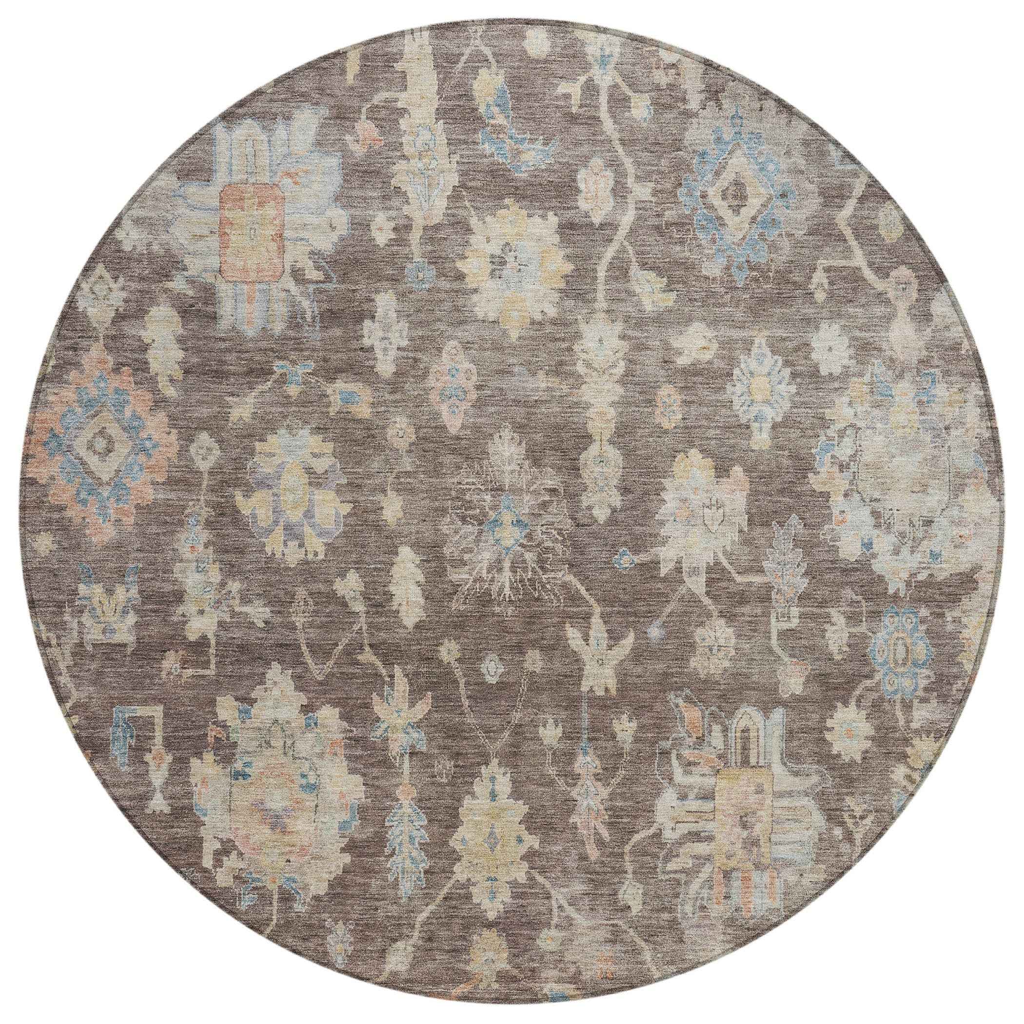 8' Chocolate Beige And Blue Round Floral Washable Indoor Outdoor Area Rug