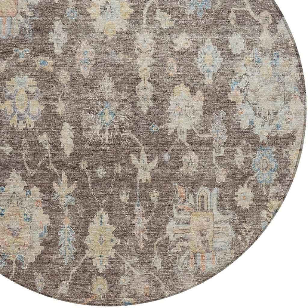 8' Chocolate Beige And Blue Round Floral Washable Indoor Outdoor Area Rug