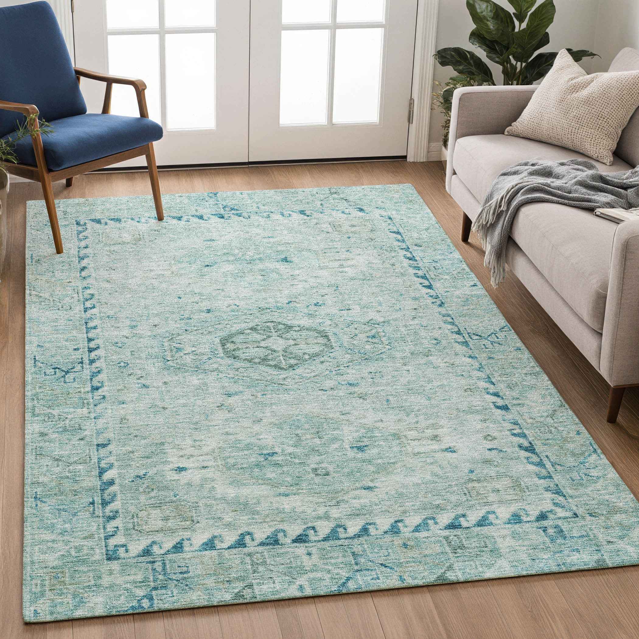 8' X 10' Aqua And Teal Blue Medallion Washable Indoor Outdoor Area Rug