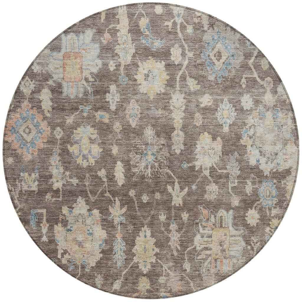 8' Chocolate Beige And Blue Round Floral Washable Indoor Outdoor Area Rug
